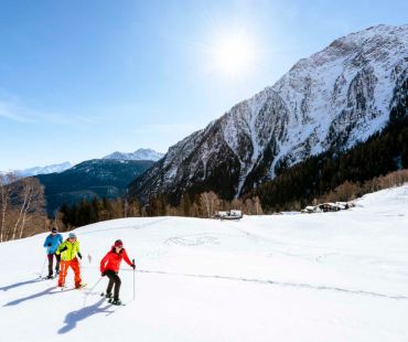 People trekking with snowshoes through snowy trails People trekking with snowshoes through snowy trails