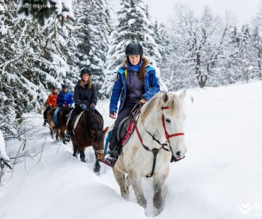 People riding horses through snowy trails People riding horses through snowy trails